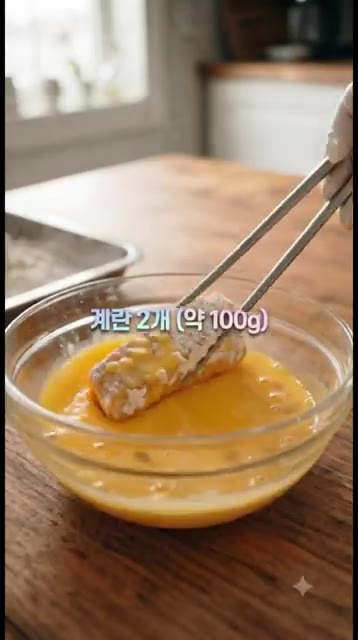 계란 2개(약 100g)를 풀어 튀김가루 옷을 입힌 스팸두부에 흠뻑… — 겉바속촉 끝판왕! 5분 만에 만드는 초간단 스팸두부카츠