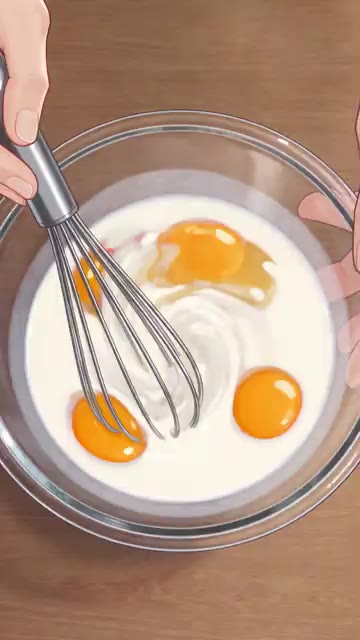 달걀 노른자에 우유와 바닐라를 섞어 반죽을 만듭니다. — 딸기 수플레 팬케이크 레시피 🍓