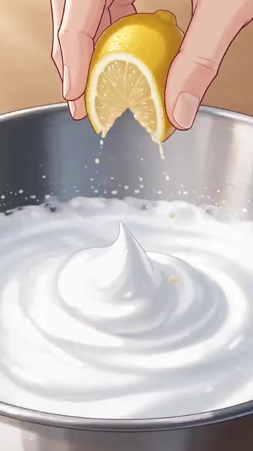 흰자에 설탕과 레몬즙을 넣고 단단한 머랭을 만듭니다. 머랭을 노른자… — 딸기 수플레 팬케이크 레시피 🍓