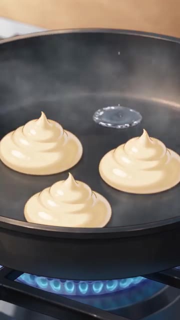 팬에 반죽을 높이 짜 올리고 뚜껑을 덮어 찌듯이 굽습니다. 뒤집어서… — 딸기 수플레 팬케이크 레시피 🍓
