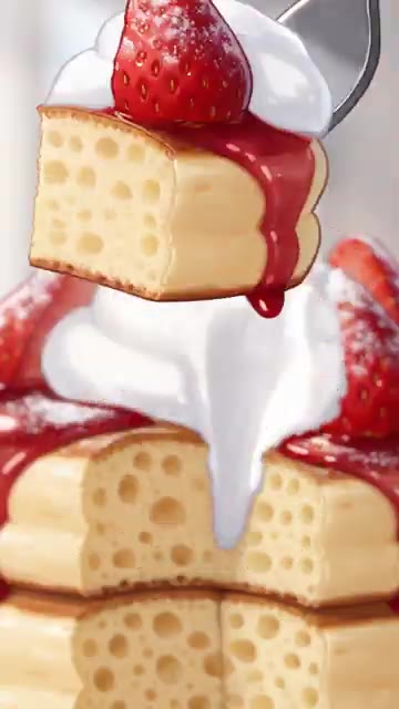 포크로 팬케이크를 잘라 맛있게 즐깁니다. — 딸기 수플레 팬케이크 레시피 🍓