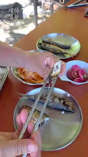 구운 전어를 양념한 양파와 함께 맛있게 먹습니다. — 가을 전어구이, 숯불에 구웠더니 엄지가 절로 올라가네요