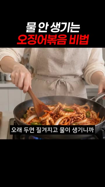 오래 두면 질겨지고 물이 생기니까 센 불에서 딱 1분만 볶아내세요. — 물 안 생기는 오징어볶음 비법