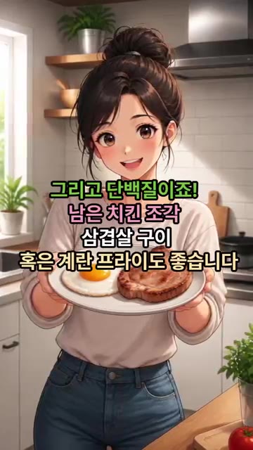 남은 치킨 조각, 삼겹살 구이 또는 계란 프라이를 준비합니다. 계란… — 냉장고 파먹기 퓨전 덮밥 레시피