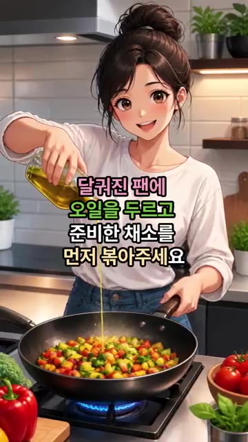 달궈진 팬에 오일을 두르고 준비한 채소를 먼저 볶아주세요. 숨이 살… — 냉장고 파먹기 퓨전 덮밥 레시피