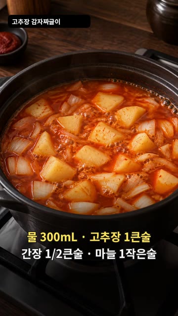 냄비에 물 300mL, 고추장 1큰술, 간장 1/2큰술, 다진 마늘… — 감자 두 개로 칼칼한 저녁 반찬, 고추장 감자 짜글이