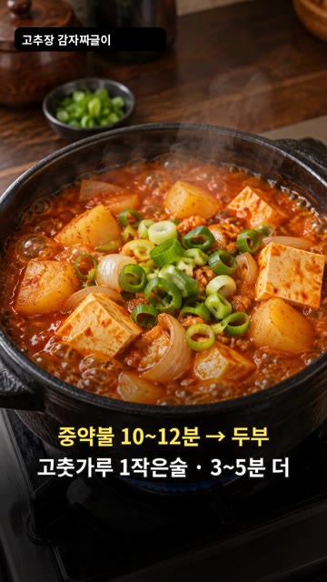 준비한 감자와 양파를 넣고 중약불에서 10~12분간 끓여 감자를 익… — 감자 두 개로 칼칼한 저녁 반찬, 고추장 감자 짜글이