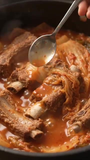 쌀뜨물을 붓고 뚜껑을 닫아 끓인다. — 등갈비 김치찜 잡내 제로 부드러운 초간단 팁