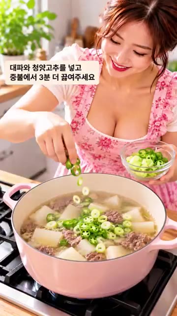 대파와 청양고추를 넣고 중불에서 3분 더 끓여주세요. — 아침엔 뜨끈한 소고기무국🍲 소고기와 무를 먼저 볶아 깊고 시원하게! 쉬운 집밥은 고공갈매기에서💛
