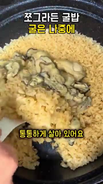 그래야 굴이 쪼그라들지 않고 통통하게 살아있어요. 살살 섞어 담으면… — 굴밥 굴이 쪼그라드는 이유, 2분만 끓여 건져 두고 밥이 다 되면 올려 뜸 들이세요