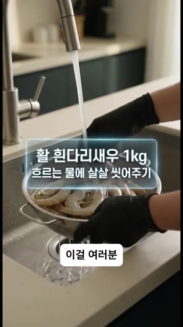 흰다리새우 1kg은 날카로운 뿔에 다치지 않게 흐르는 물에 살살 씻… — 소금 깔지 마세요! 물 한 방울 없이 10분 만에 끝내는 인생 새우구이 레시피