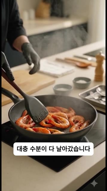 수분이 거의 다 증발하고 새우가 선명한 붉은빛으로 익으면 냄비가 타… — 소금 깔지 마세요! 물 한 방울 없이 10분 만에 끝내는 인생 새우구이 레시피