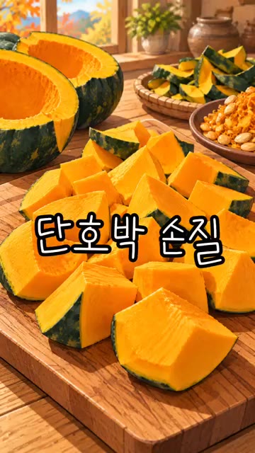 단호박을 큼직하게 썰어 푹 삶아 부드럽게 만든다. — 가을엔 따뜻한 단호박죽