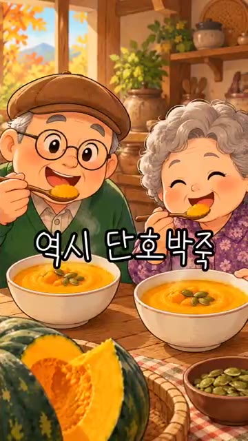 단호박죽을 그릇에 담고 호박씨를 올려 완성한다. — 가을엔 따뜻한 단호박죽