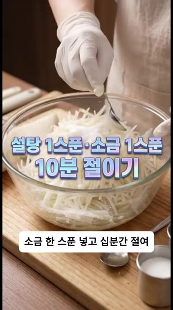 설탕 1스푼과 소금 1스푼을 넣고 10분간 절여줍니다. — 만두피 대신 '이것' 넣었더니 칼로리 뚝딱?! 쫄깃탱글 노밀가루 무 만두 레시피