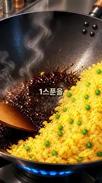 밥을 한쪽으로 밀어 빈 공간에 간장 1스푼을 눌어붙이듯 끓인 뒤 굴… — 초간단 황금 계란 볶음밥