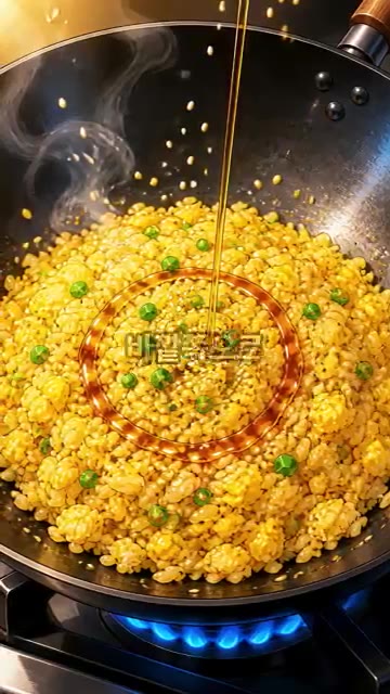 마지막으로 참기름 0.5스푼을 바깥쪽으로 솔솔 뿌려줍니다. — 초간단 황금 계란 볶음밥