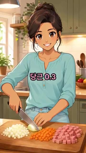 양파 0.5개, 당근 0.3개, 스팸 80g을 잘게 썰어줍니다. — 돈가스 소스 없이 오므라이스 만드는 법