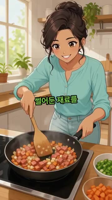 팬에 식용유 2스푼을 두르고 썰어둔 재료를 중불에서 노릇하게 볶아줍니다. — 돈가스 소스 없이 오므라이스 만드는 법