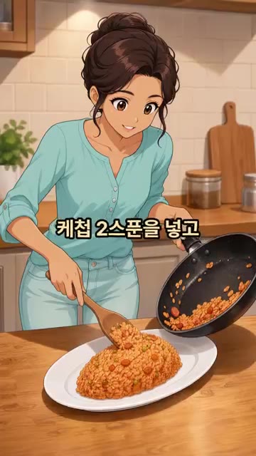 밥 1공기와 케첩 2스푼을 넣고 골고루 볶아 접시에 담아줍니다. — 돈가스 소스 없이 오므라이스 만드는 법