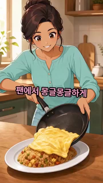 계란 2개를 풀어 팬에서 몽글몽글하게 반숙으로 익혀 살포시 얹어줍니다. — 돈가스 소스 없이 오므라이스 만드는 법
