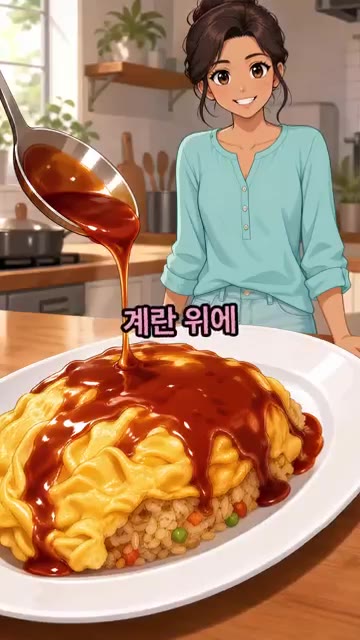 만들어둔 계란 위에 촉촉하게 부어주면 완성입니다. — 돈가스 소스 없이 오므라이스 만드는 법