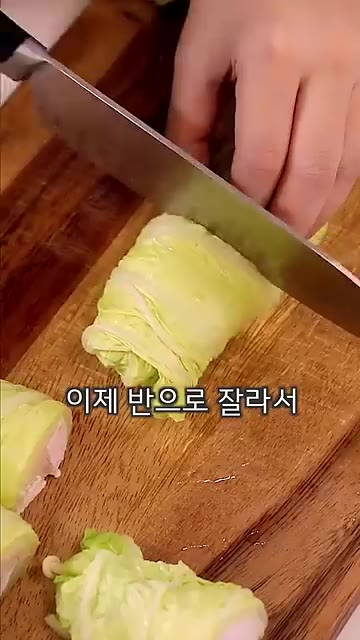 말아진 배추를 반으로 잘라줍니다. — 살 빠지는 초간단 전골 육수 소스 요리 레시피