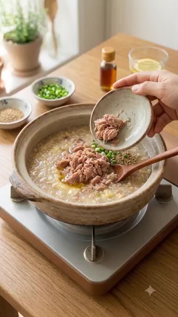 밥이 퍼지면 계란을 풀어 넣고 저어준다. — 5분 만에 만드는 참치 계란죽