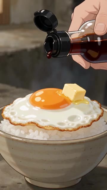 밥 위에 계란프라이를 올리고 노른자 옆에 버터 한 조각을 놓는다. — 간장계란밥 레시피 🍳 계란프라이 하나로 뚝딱 비벼 먹는 간장밥