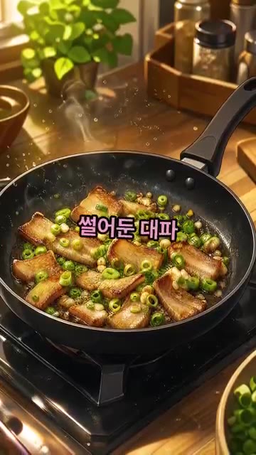 기름이 나오면 다진 마늘 1큰술과 썰어둔 대파 0.5대를 넣고 함께… — 반찬 없을 때 제일 많이 해먹은 덮밥, 삼겹살 간장덮밥