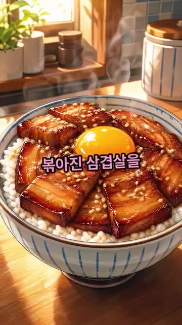 따뜻한 밥 1공기 위에 볶아진 삼겹살을 수북하게 올려줍니다. — 반찬 없을 때 제일 많이 해먹은 덮밥, 삼겹살 간장덮밥