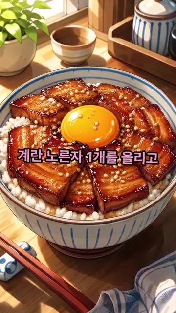 가운데에 계란 노른자 1개를 올리고 통깨 1큰술을 솔솔 뿌려주면 완… — 반찬 없을 때 제일 많이 해먹은 덮밥, 삼겹살 간장덮밥