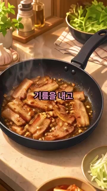 삼겹살을 먼저 바싹 구워 기름을 내고, 고소한 기름에 마늘과 양념을… — 반찬 없을 때 제일 많이 해먹은 덮밥, 삼겹살 간장덮밥