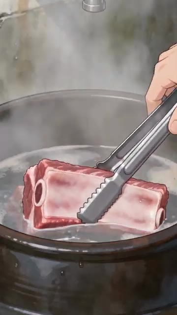 끓는 물에 갈비를 데쳐 뜬 거품을 걷어내고 찬물에 헹군다. — 갈비찜 레시피 🍖 무와 함께 윤기 나게 졸이는 법