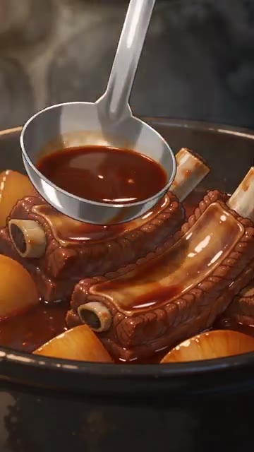 갈비가 짙은 갈색으로 윤기 나게 익으면 소스를 끼얹으며 마무리한다. — 갈비찜 레시피 🍖 무와 함께 윤기 나게 졸이는 법