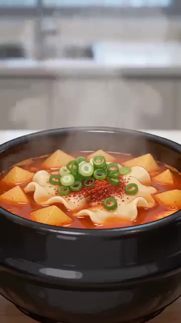 완성된 김치수제비를 그릇에 담아냅니다. — 얼큰한 김치수제비 레시피