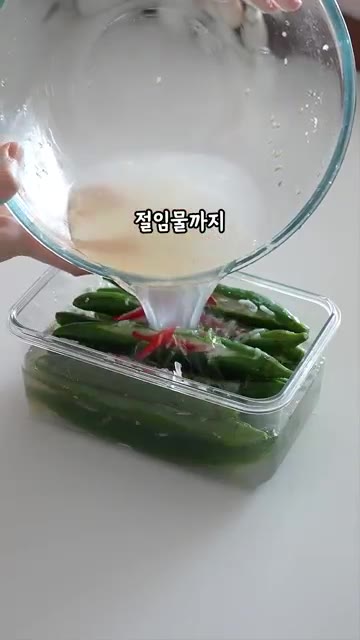 채운 오이고추를 용기에 차곡차곡 담고 절임물까지 부어줍니다. — 혼자 먹기 아까운 오이고추냉채 레시피 🌶