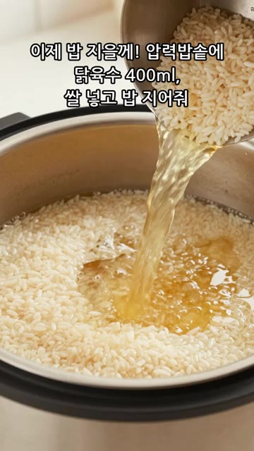 압력밥솥에 쌀과 닭육수 400ml, 대파 1대를 넣고 밥을 지어줍니다. — 향긋한 하이난치킨라이스 만들기