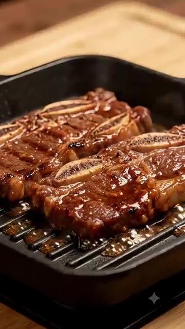 달군 팬에 LA갈비를 올리고 중불에서 앞뒤로 노릇하게 구워준다. — LA갈비 미니어처 요리 🥩 작아도 맛있어 보이는 갈비구이