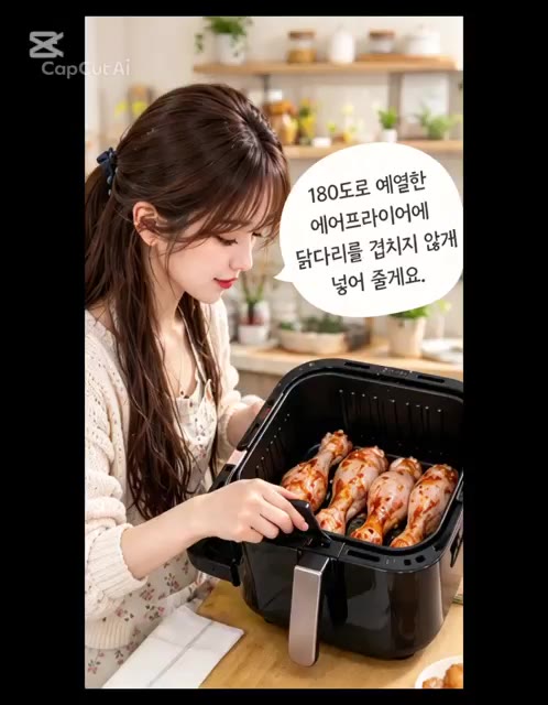 180도로 예열한 에어프라이어에 닭다리를 겹치지 않게 넣어주세요. — 자취생 필수 요리🍗 에어프라이어 닭다리구이 만들기!