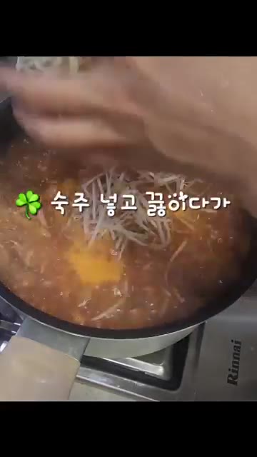 숙주를 넣고 끓이다가 대파를 넣고 한소끔 더 끓인다. — 닭한마리로 얼큰한 닭개장 만들기