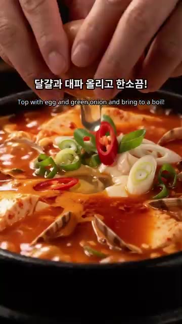 계란과 대파를 올리고 한소끔 끓인다. 얼큰한 바지락 순두부찌개가 완… — 얼큰한 바지락 순두부찌개 만드는 법